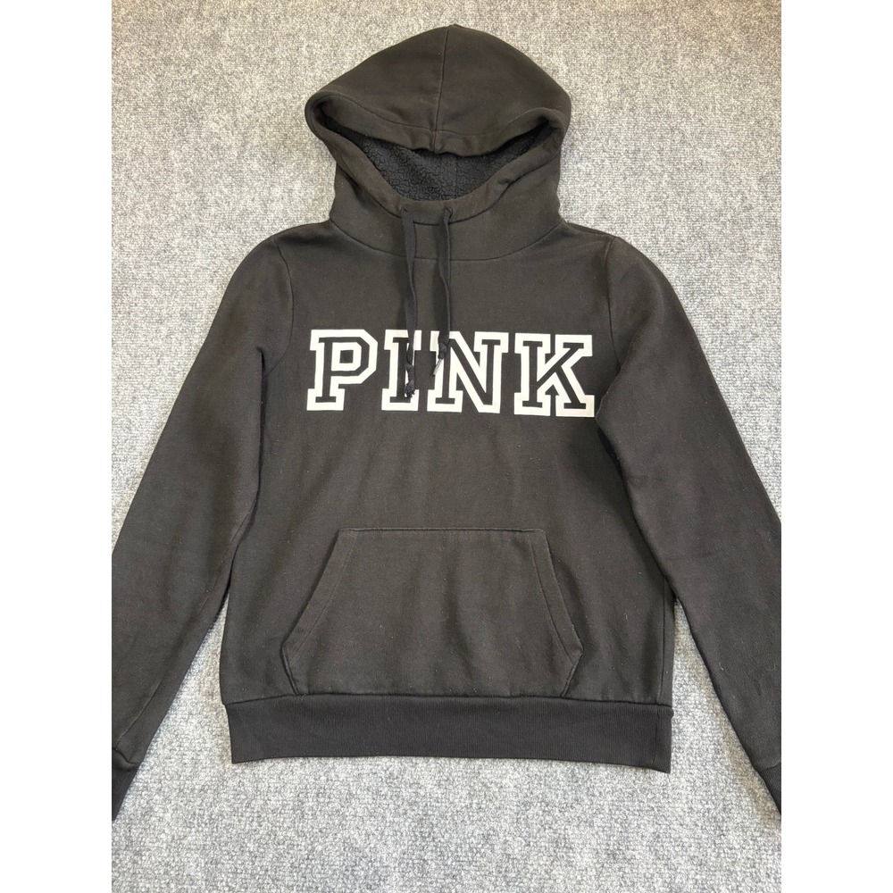 Victoria's Secret PINK Black Sherpa Lined Logo Pullover Hoodie XS